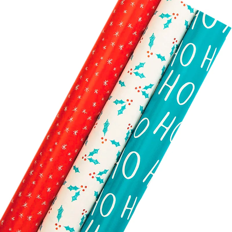 9M Christmas Wrapping Paper Bundle - 3 x 3M Rolls in Red, White and Blue