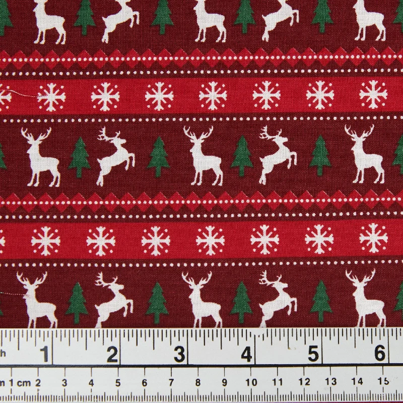 Christmas Cotton Print Fabric, Red/Reindeer Trees- Width 112cm