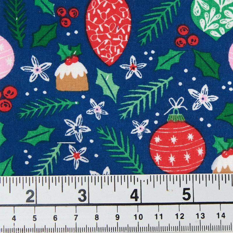 Christmas Cotton Print Fabric, Blue Multi Baubles- Width 112cm