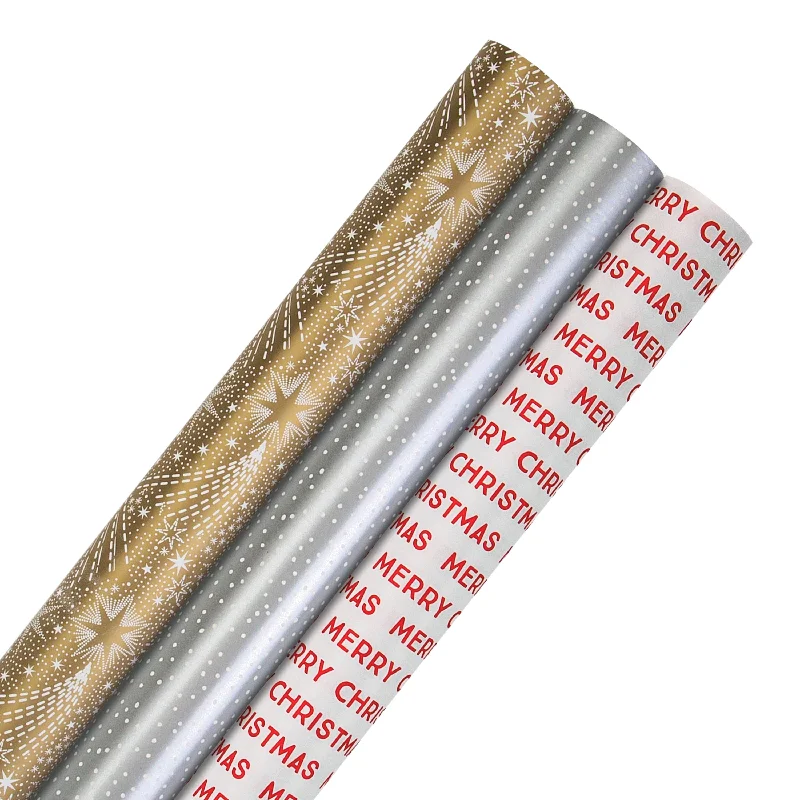 9M Christmas Wrapping Paper Bundle - 3 x 3M Rolls in Gold, Silver and White