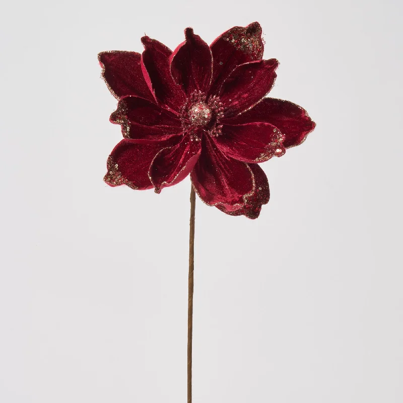 Dark Burgundy Glitter & Sequined Adorned Magnolia Bloom Faux Floral Stem - 24"