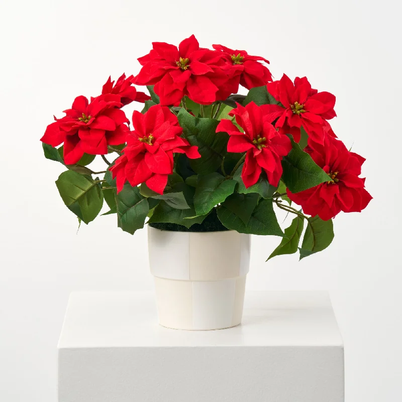 Lifelike Mini Red Poinsettia Faux Plant Bush in Checkered Cream White Planter Christmas Holiday Arrangement