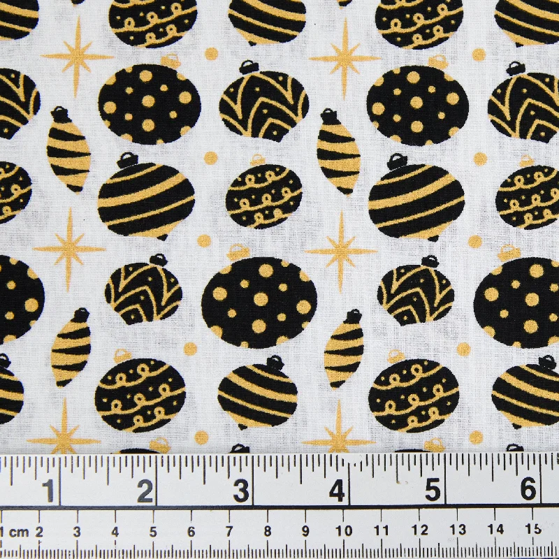 Metallic Cotton Christmas Print Fabric, White/Black Gold Baubles- Width 112cm