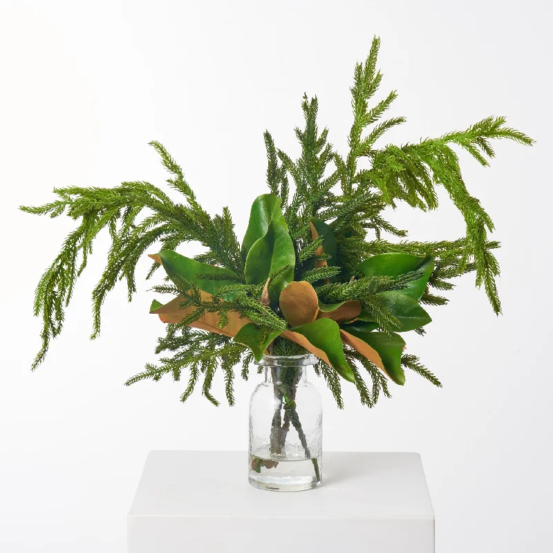 Real Touch Norfolk Pine & Magnolia Leaf in Small Bottle Vase Winter Greenery Holiday Arrangement