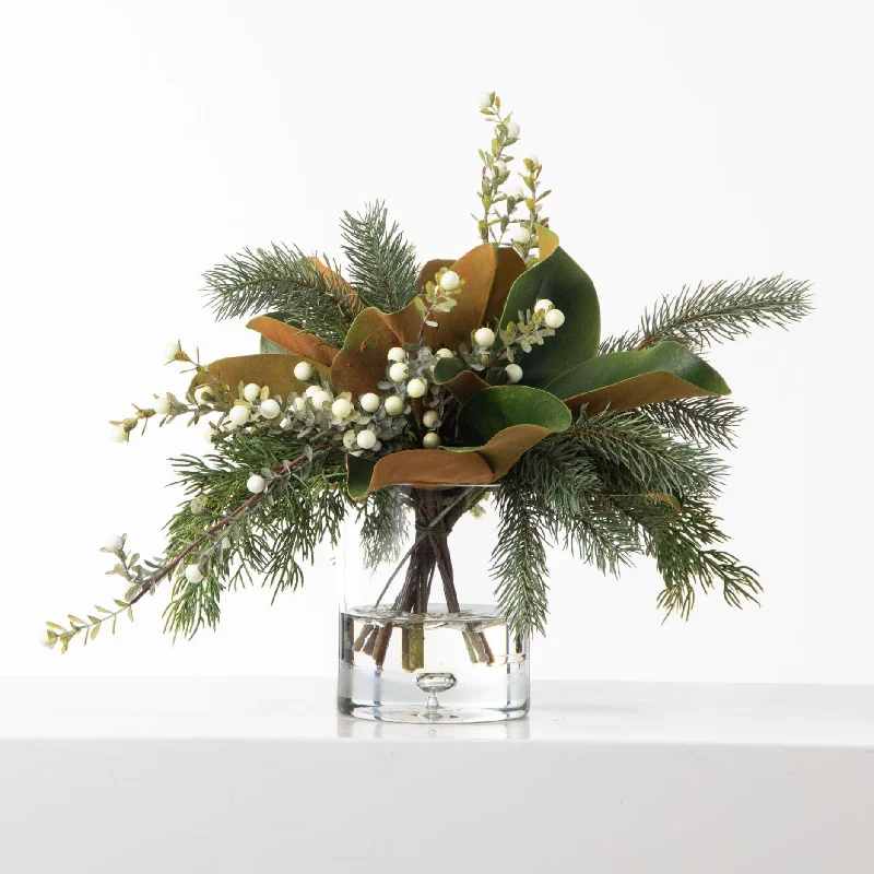 Real Touch Pine, Juniper, & Magnolia Leaf with Winter White Berry Everyday Christmas Water Illusion Arrangement