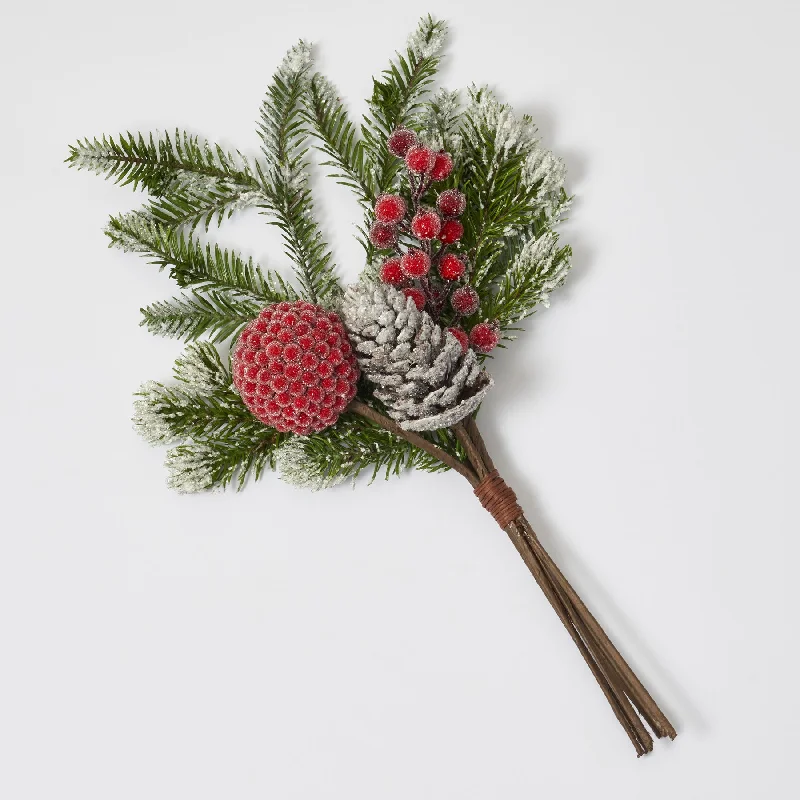 Snow Tipped Winter Pine, Iced Red Berry Ball, & Pinecone Christmas Holiday Wrapped Bundle - 18"