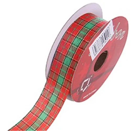 TARTAN FABRIC CUT EDGE RIBBON 25mm X 10yds RED/GREEN/GOLD