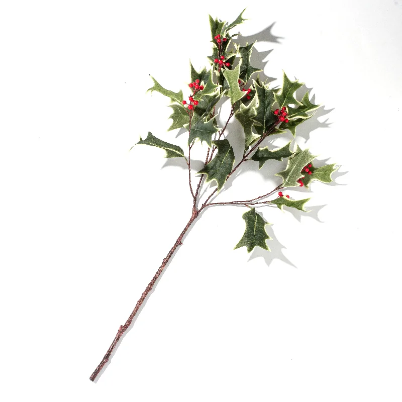 Green Variegated Large Holly Berry Branch Faux Christmas Botanical Winter Foliage - 31"