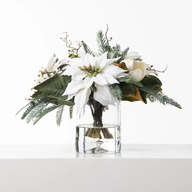 White Velvet Poinsettia, Real Touch Pine & Magnolia Winter Flower Water Illusion Christmas Water Illusion Arrangement